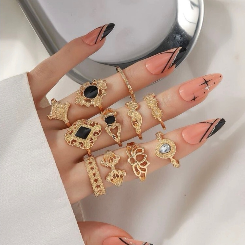 Gold 11pc Rhinestone Geometric Ring Set - Picture 1 of 2